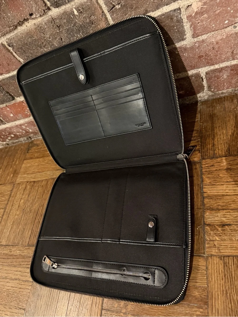 Coach Zip Around Tech/iPad Portfolio Case, Black Herringbone (New)